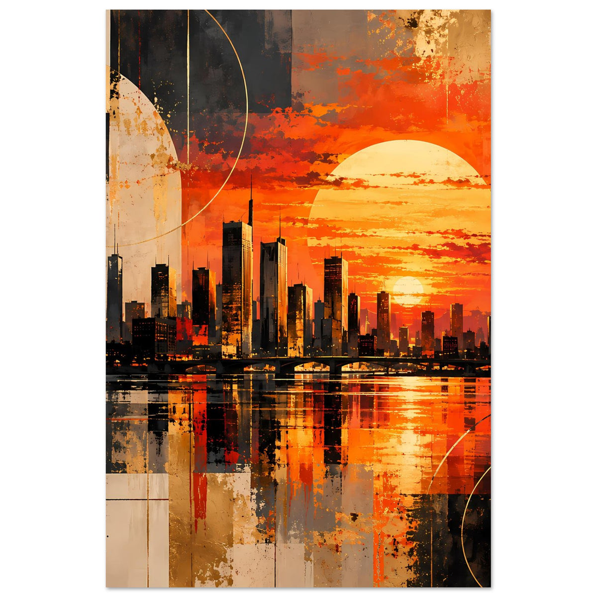 Poster, schmal: abstrakte Stadtsilhouette mit Sonne, orangefarbener Farbverlauf und Kreisbögen