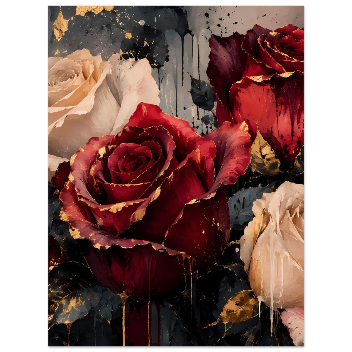 Kunstposter mit Bordeauxroten Rosen, cremefarbener Blüte rechts und goldenen Akzenten