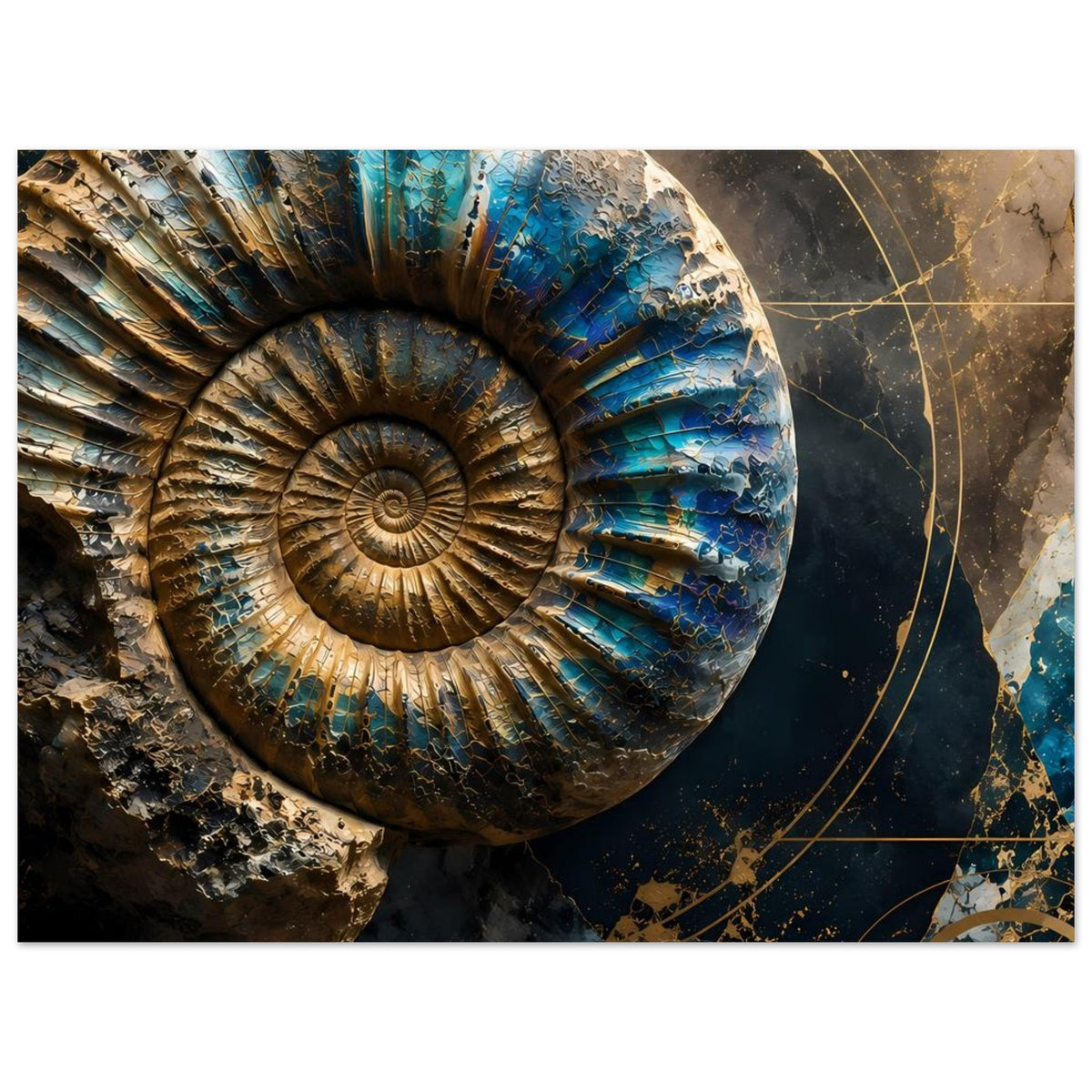 Luxuriöses Kunstposter mit Ammonit-Fossil: blaugrüne Spiralringe und goldene Details