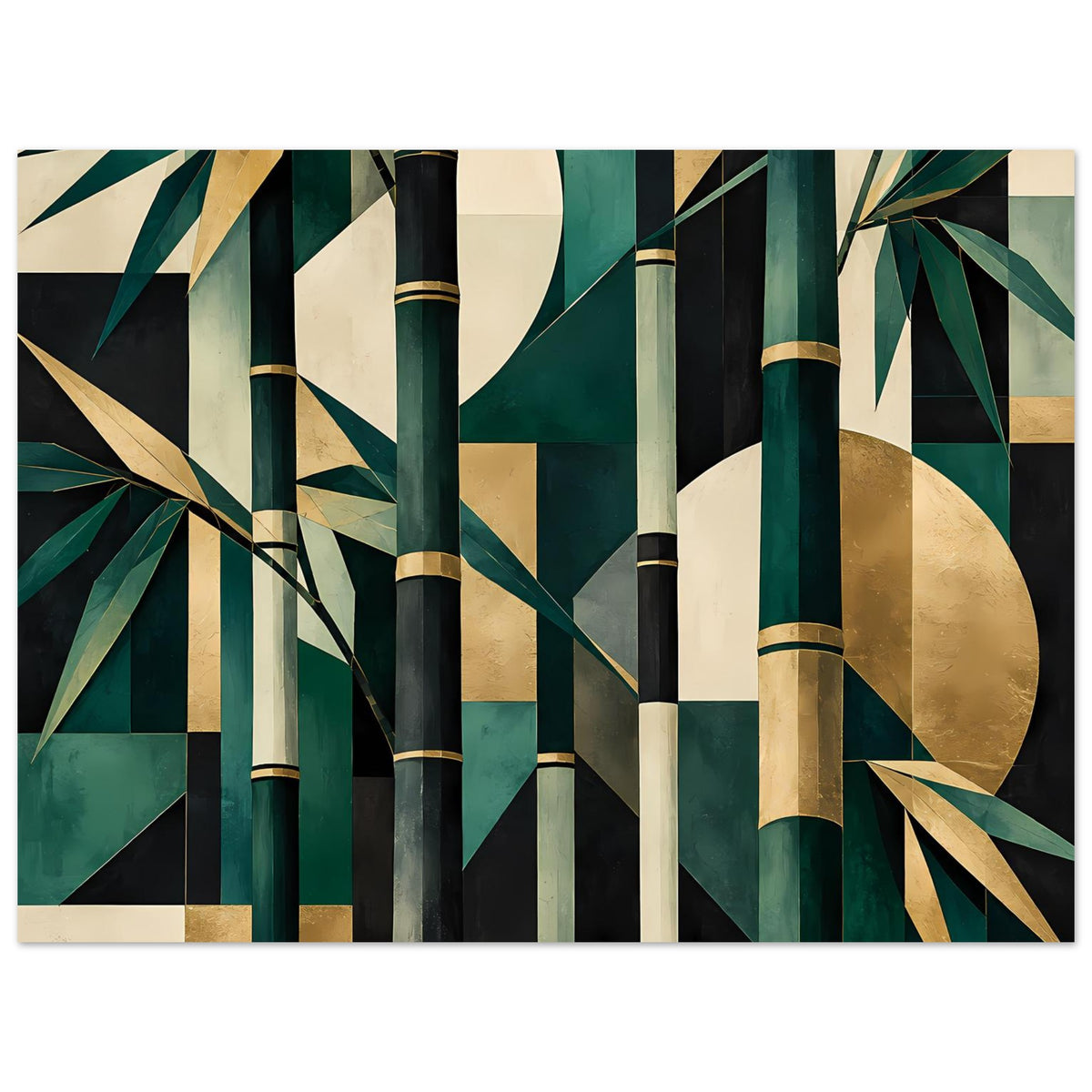 Naturposter im Querformat mit abstrakten Bambusstämmchen in Smaragdgrün und Gold