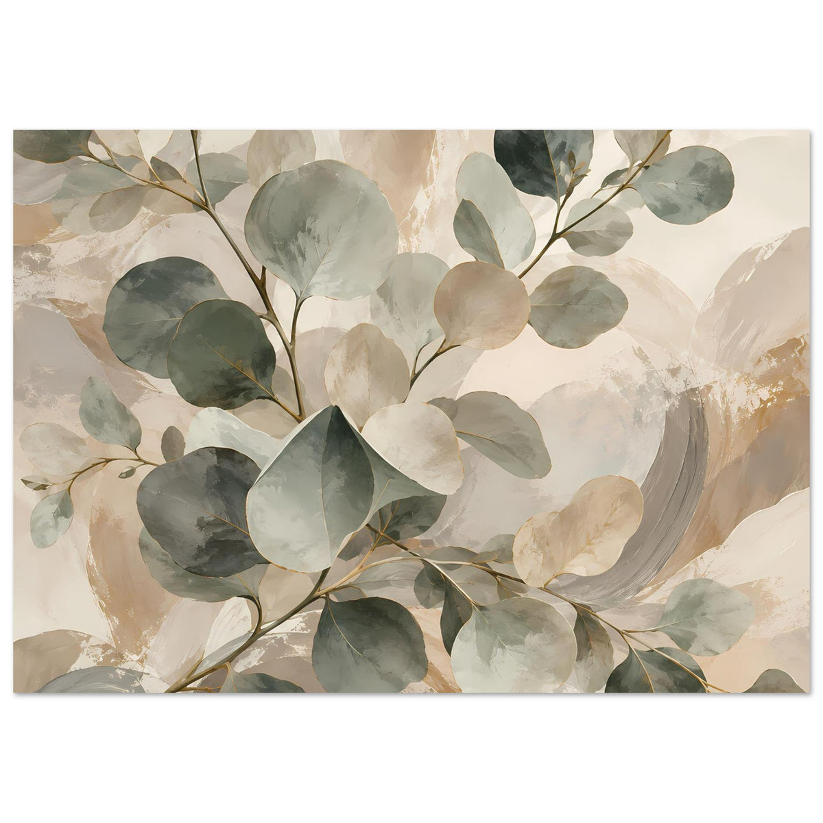 Botanisches Poster mit Aquarellblättern und Zweig in Salbeigrün und Beige, Querformat
