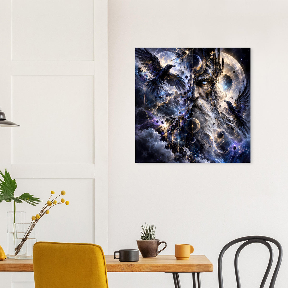 Fantasy-Poster: Rabe, mondartiges Gesicht und Galaxie-Sterne in dunklem Blau