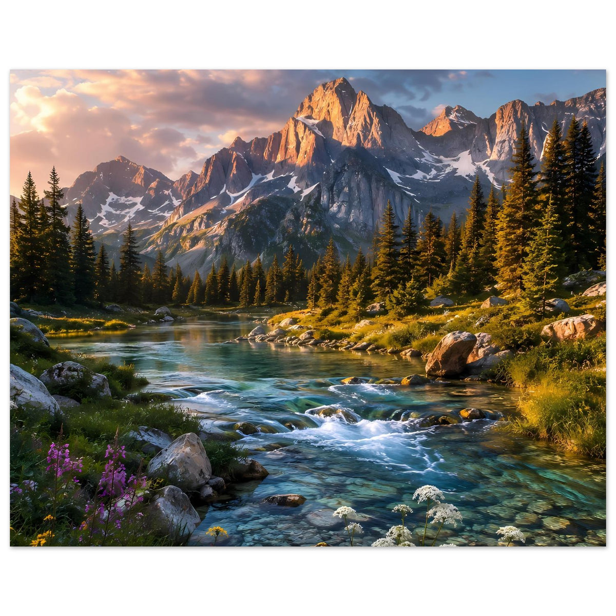 Poster mit Berglandschaft: breiter Blick auf Fluss, Felsbrocken, Nadelbäume und Gipfel