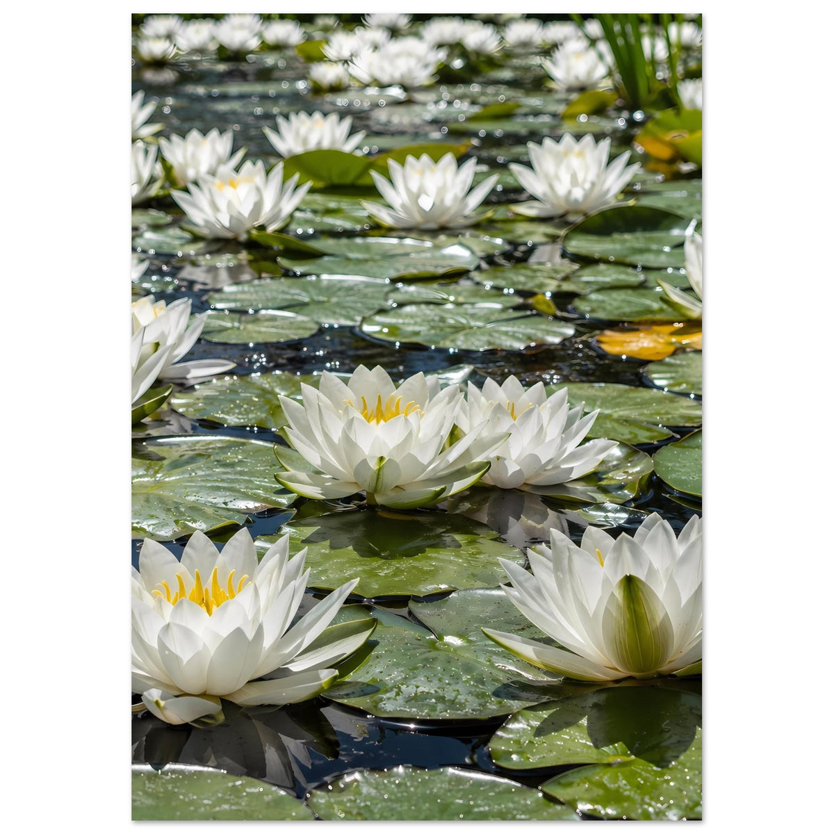 Poster im Hochformat mit mehreren weißen Seerosen auf dunklem Wasser