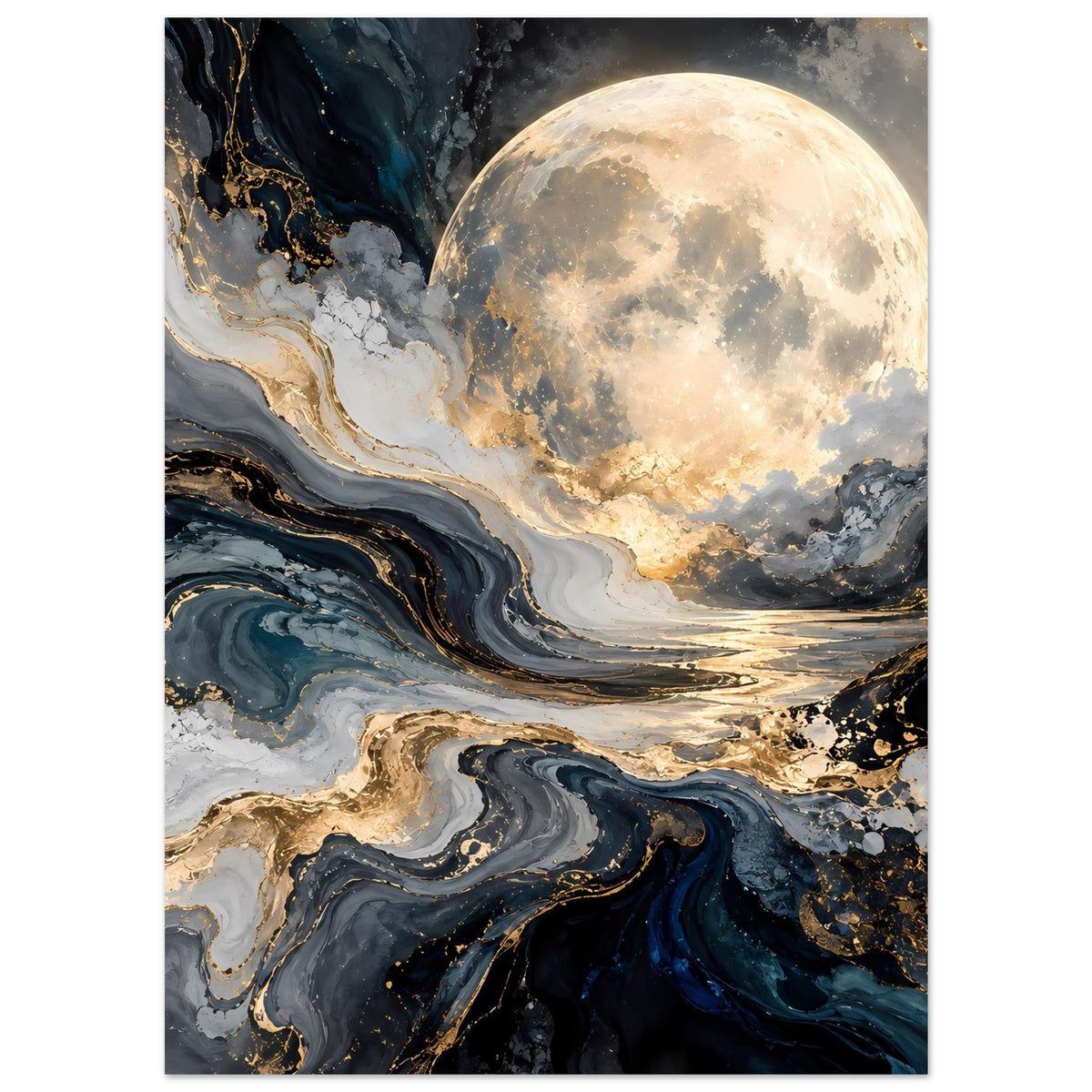 Mondposter hochkant mit Vollmond, goldenen Akzenten und dunklen Marmorlinienspiralen