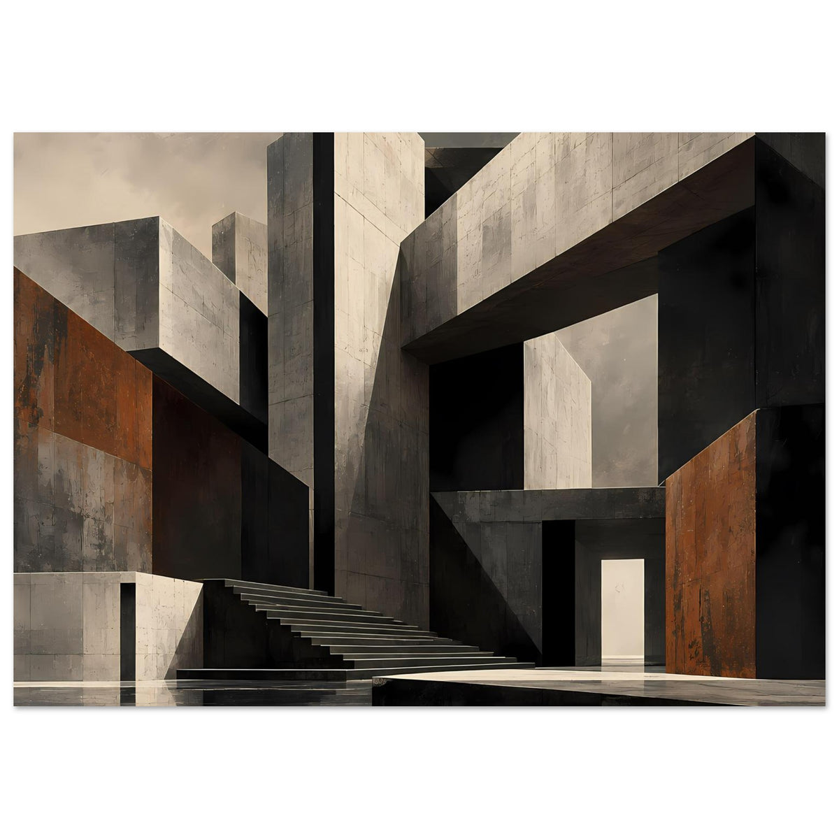 Gerahmtes Architekturposter: Perspektive durch Hallenarchitektur mit Treppe, neutral, Rost