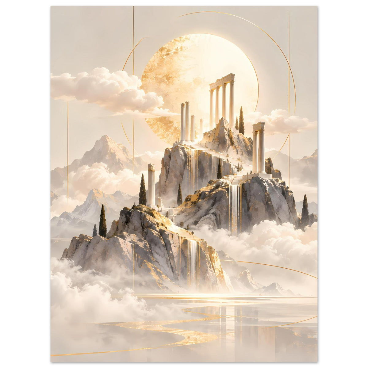 Hochformatiges Poster mit Sonnenkreis über Wolkenmeer, Tempelsäulen und Bergspitzen