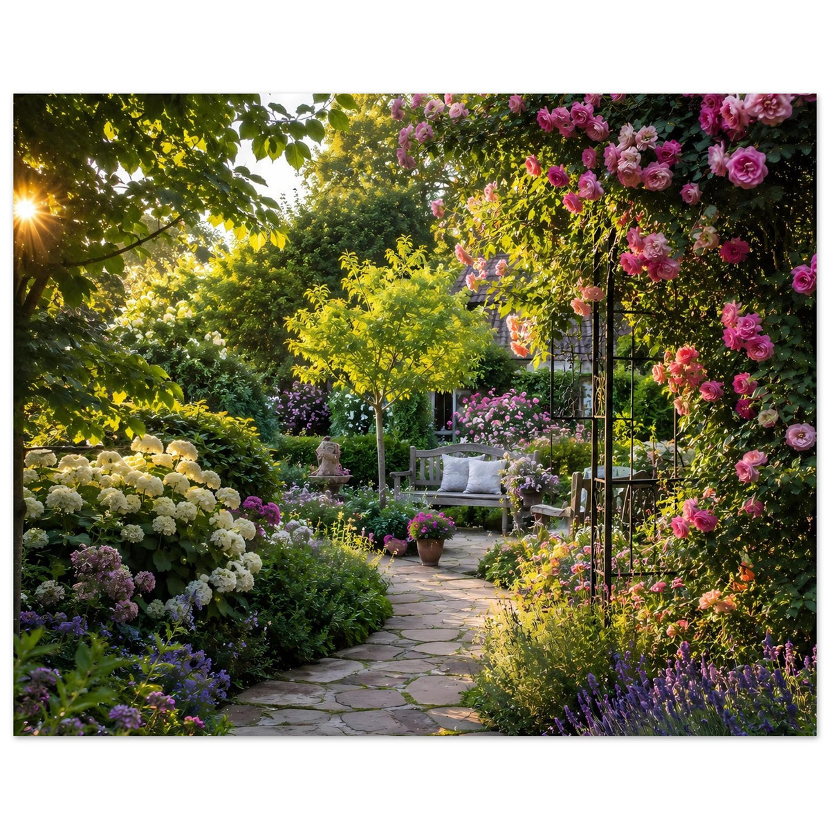 Poster mit Gartenweg, gelbem Blütenbaum und pinken Rosen an der Seite, schwarzer Rahmen