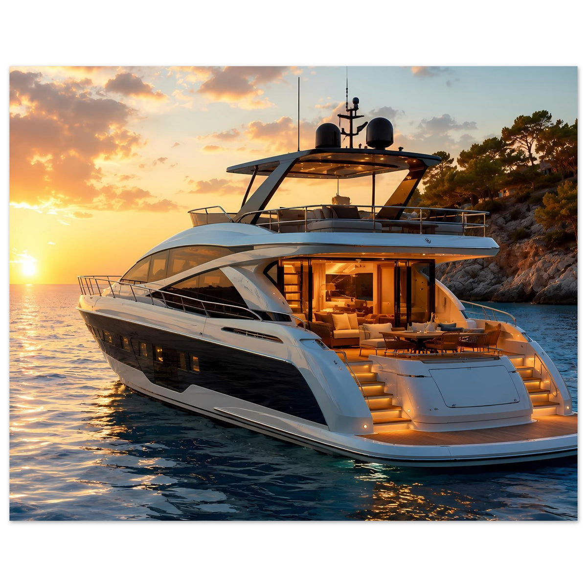 Yacht-Sonnenuntergangsposter: Motoryacht mit golden beleuchteter Lounge am Wasser