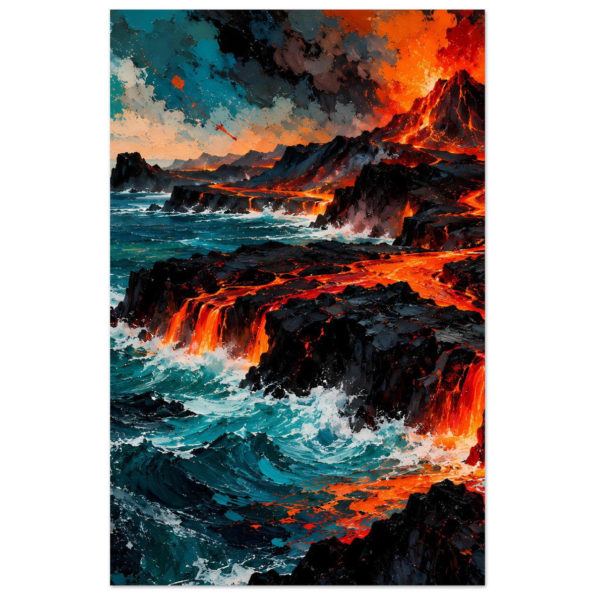 Lavalandschaft mit orangefarbenem Magma beim Eintritt ins Meer – Poster