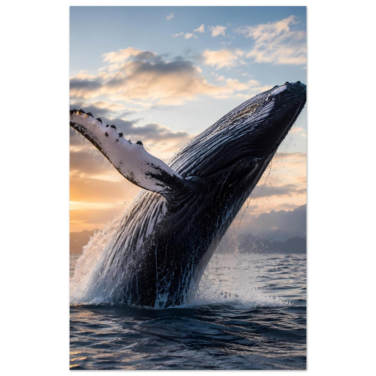 Poster im Hochformat mit Buckelwal beim Sprung, Wasser spritzt am Schwanz