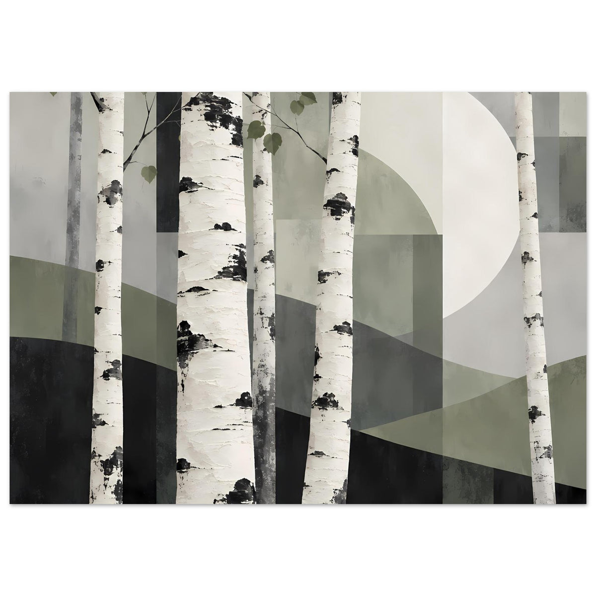 Naturposter im Querformat: abstrakter Birkenwald mit schwarzem Muster und grünen Akzenten