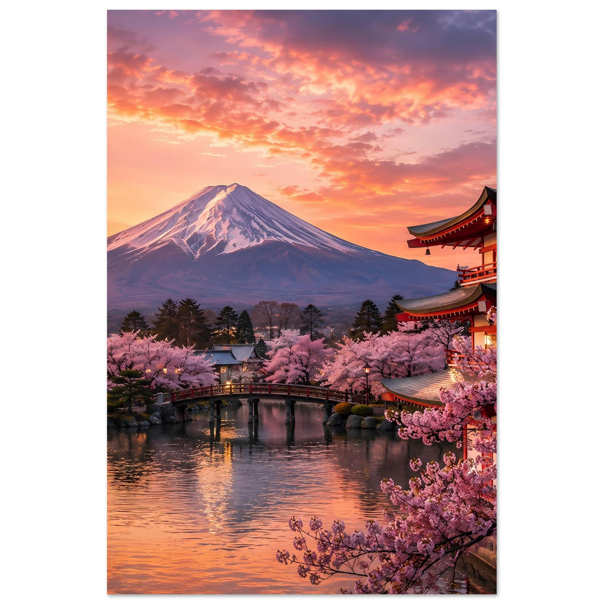 Poster mit Berg Fuji, Kirschblüten, Pagode und Wasser im warmen Sonnenuntergang