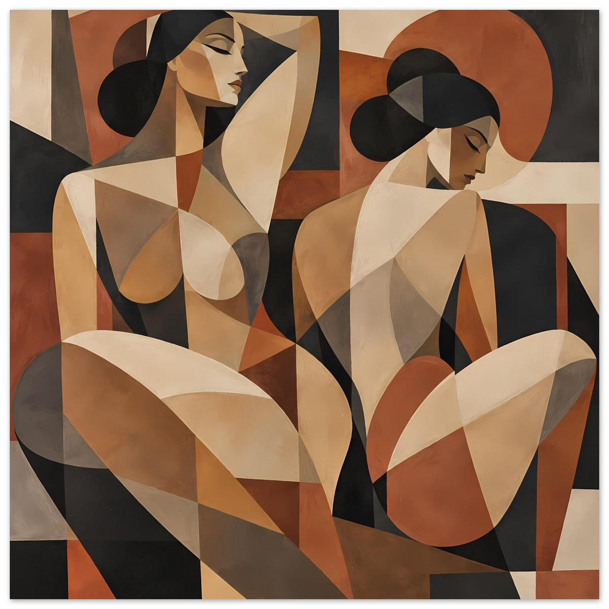 Abstraktes Poster mit zwei Kubismus-Frauen, Erdtöne, Beige und schwarze geometrische Formen