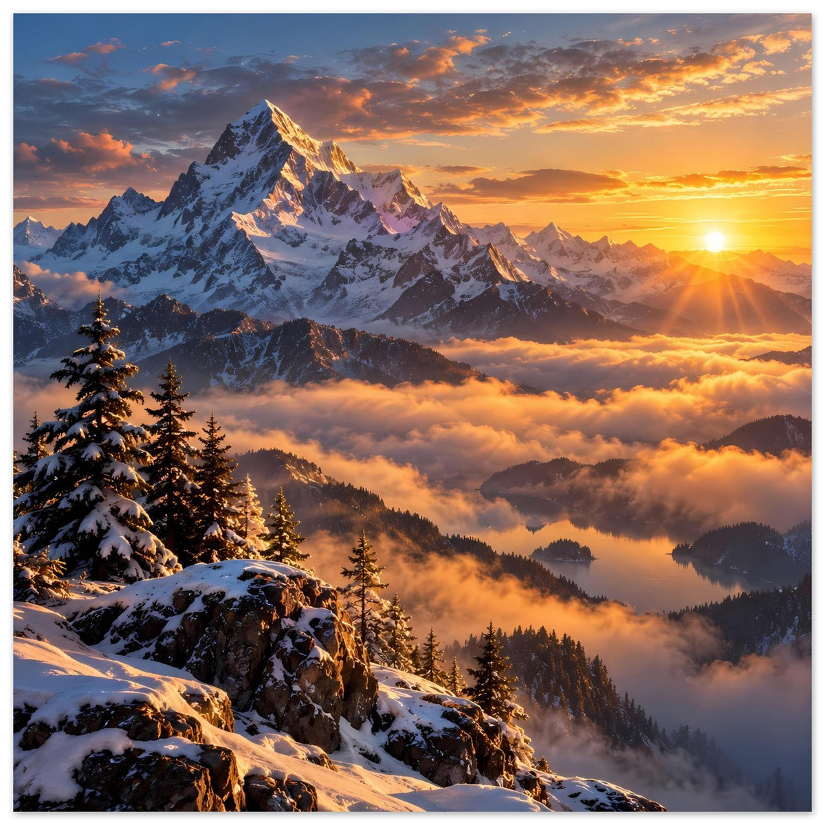 Schneebedecktes Bergpanorama-Poster mit warmem Sonnenlicht, Wolkenmeer und Tannen