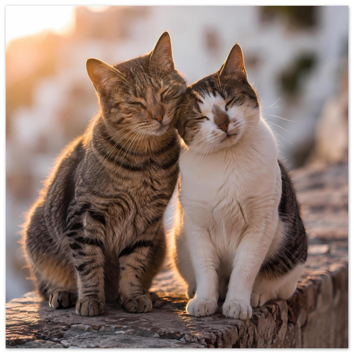 Katzenszene-Poster: zwei kuschelnde Katzen auf einer Steinmauer, naher Stand