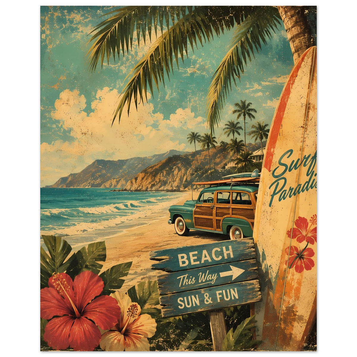 Vintage Strandposter mit Surfbrett rechts, grünem Bus, Strandweg und Palmen; „SUN & FUN“