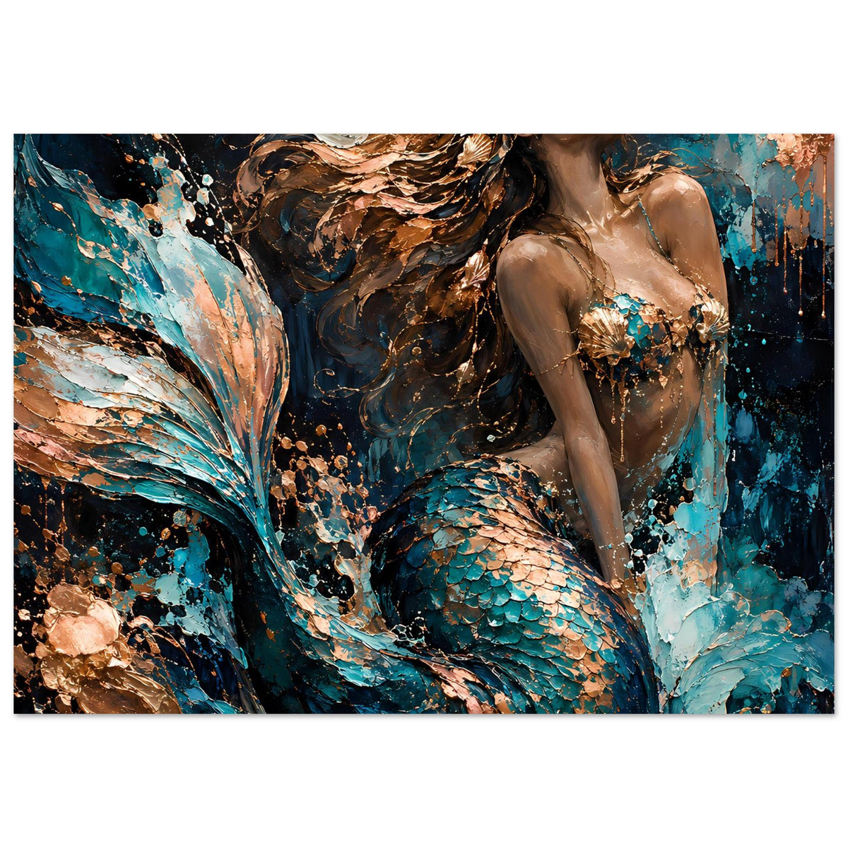 Fantasy-Kunstposter mit Meerjungfrau in Türkis und Kupfer, Meerestorso und Flosse.