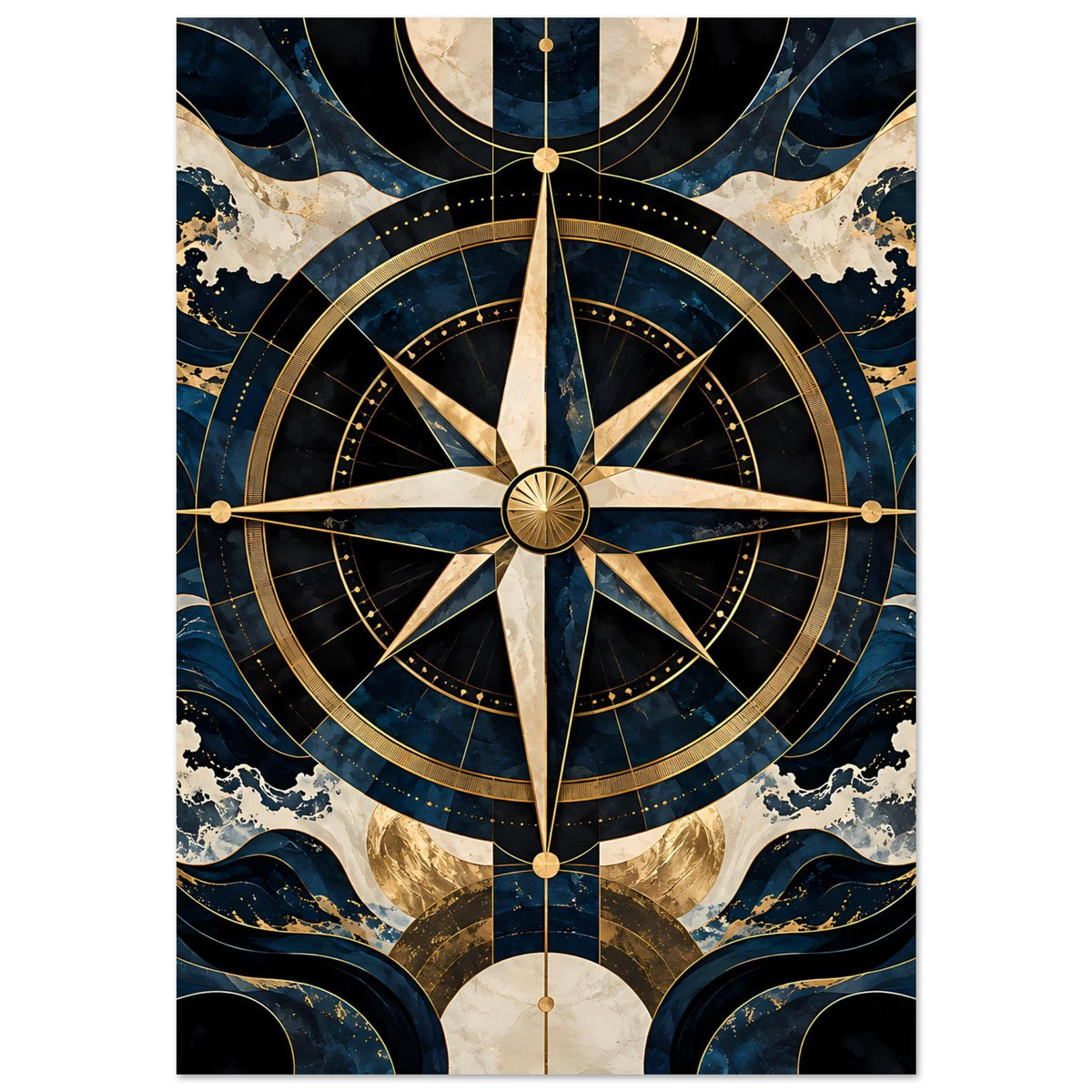 Maritimes Navigationsposter: runde Kompassrose mit goldenen Strahlen, blau-beige Hintergrund