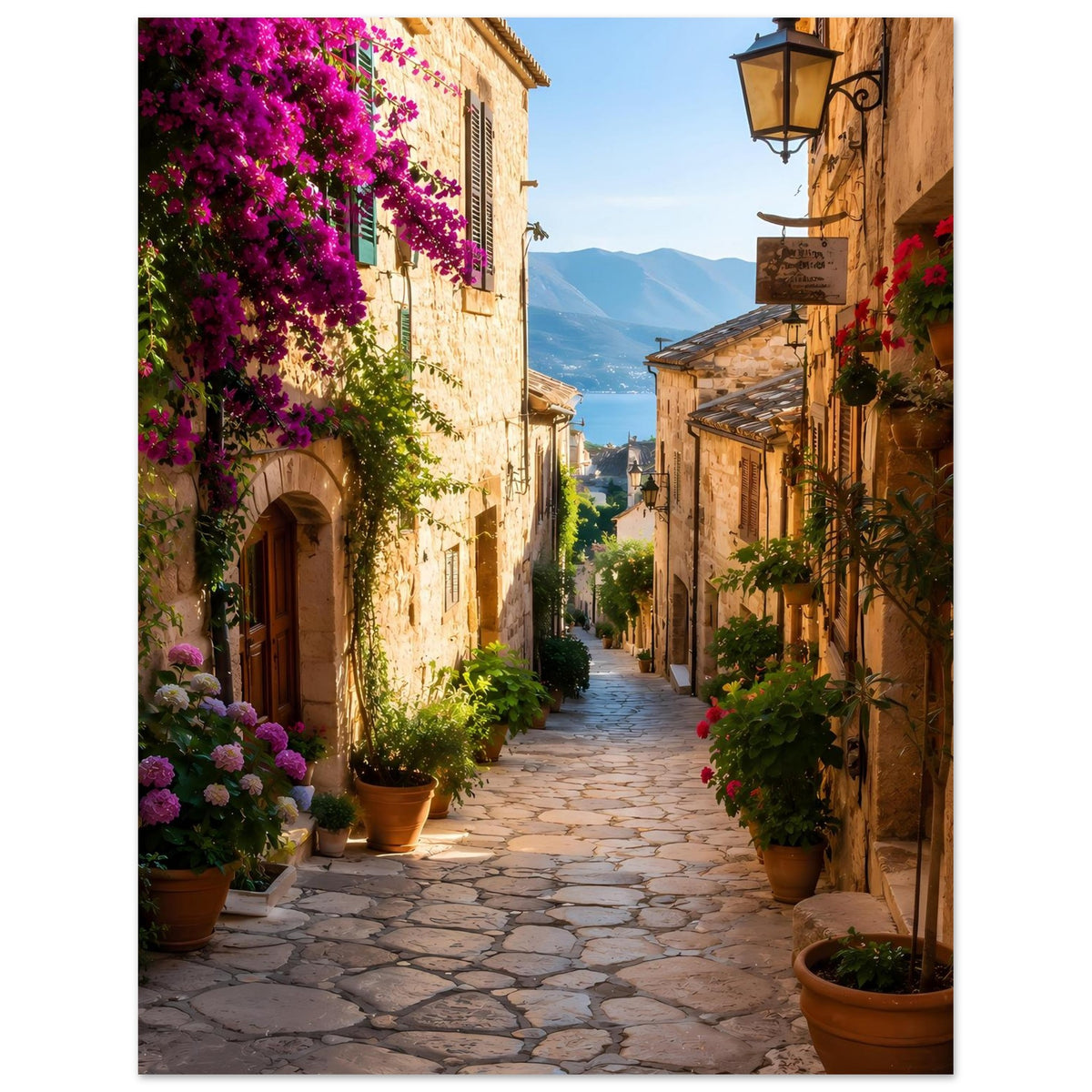 Poster mit rechter Hausseite, Töpfen mit Pflanzen, lila Blüten und schmaler Gasse