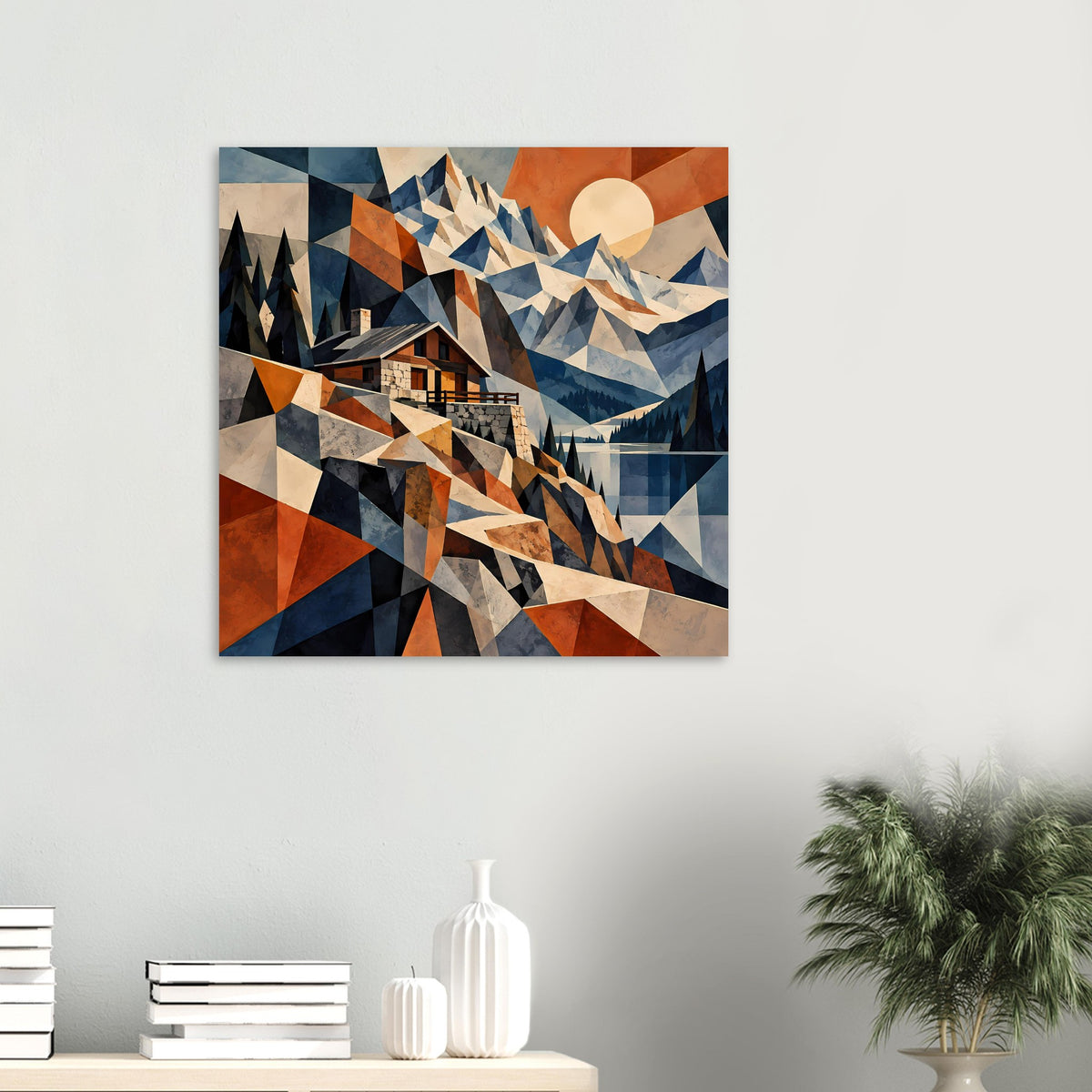 Quadratisches Poster: geometrische Berge mit Berghaus, Blau-, Rostrot- und Erdtöne