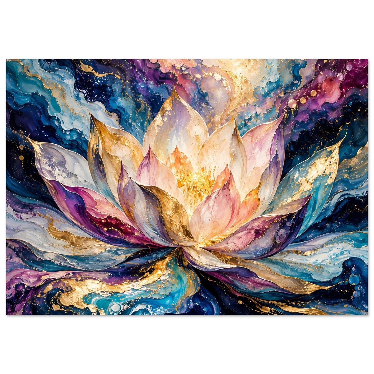 Horizontales Blumenposter mit zentraler Lotusblüte, goldenen Akzenten und kräftigen Farbwirbeln