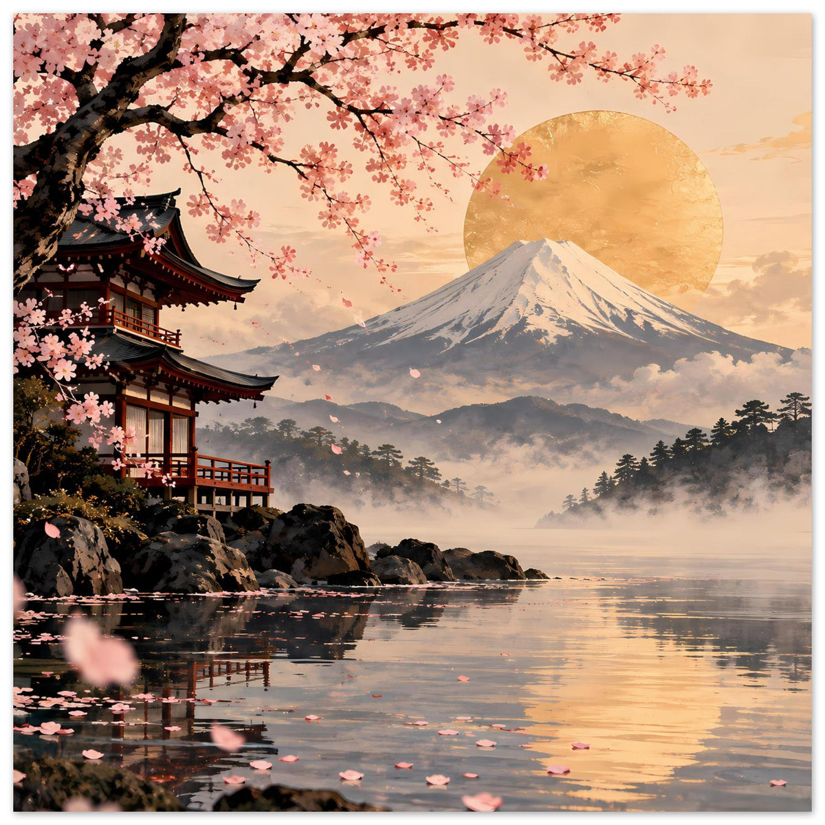 Querformat-Poster mit Kirschblüten über dem Fuji-Berg, Pagode links und Spiegelung im Wasser