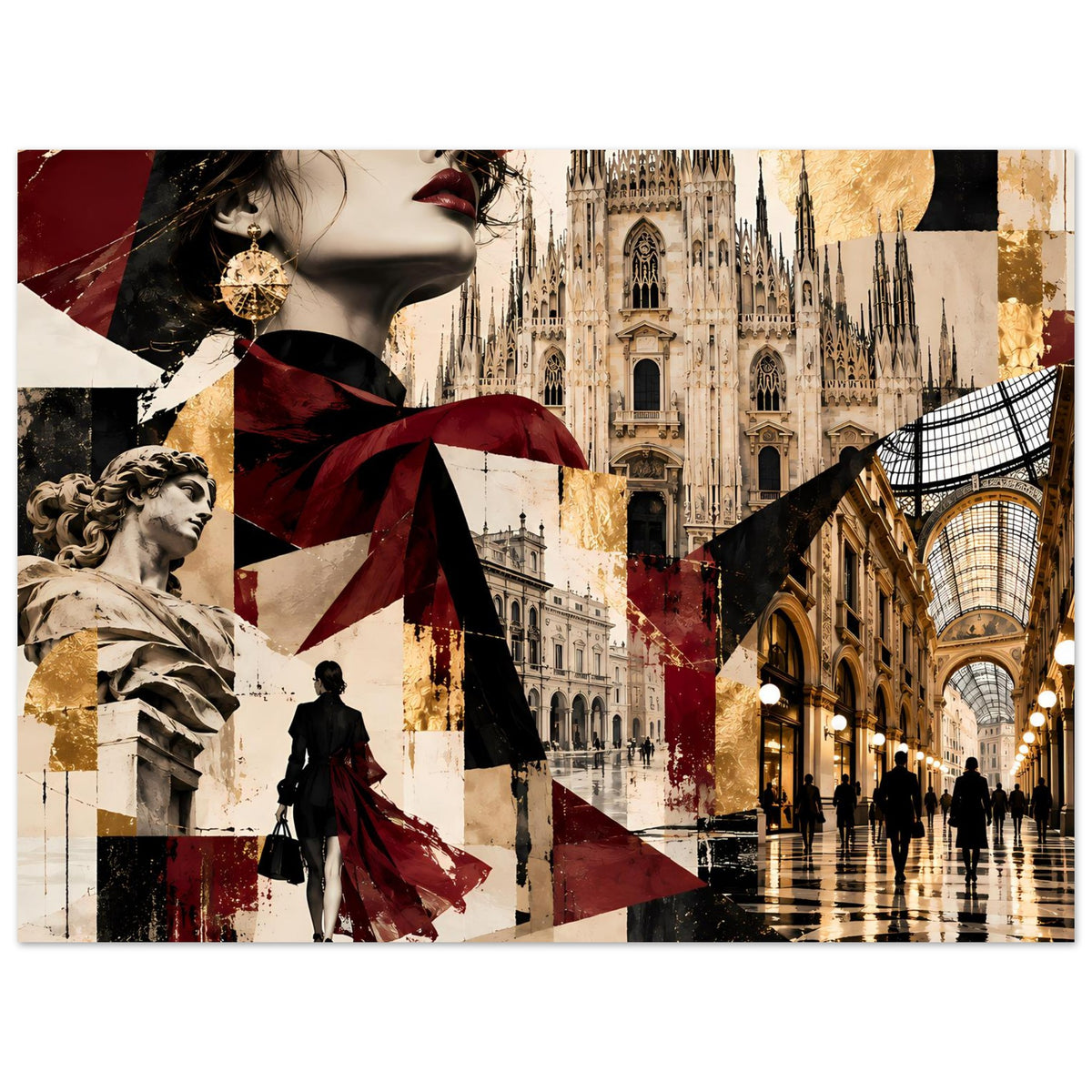 Wandposter mit Collage: Frau im Profil, Architektur und Arkaden, goldene Akzente, Burgundfarben