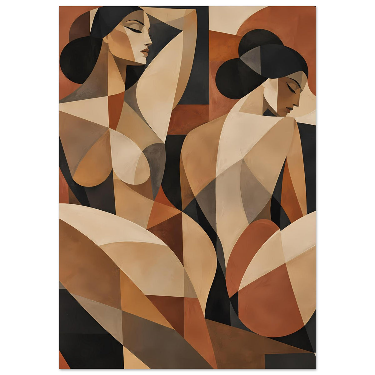 Abstraktes Poster mit zwei Frauenfiguren, cubistisches Muster, erdige Töne, enger Ausschnitt