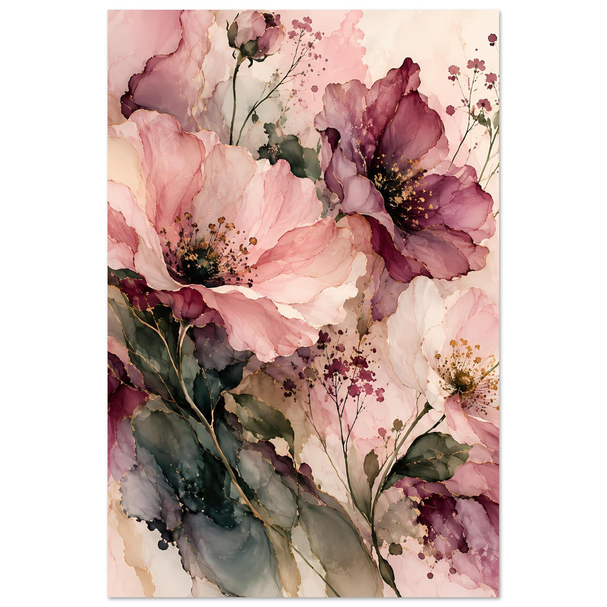 Blumenposter im Hochformat mit rosa Blüten, burgunderroten Akzenten und grünen Blättern