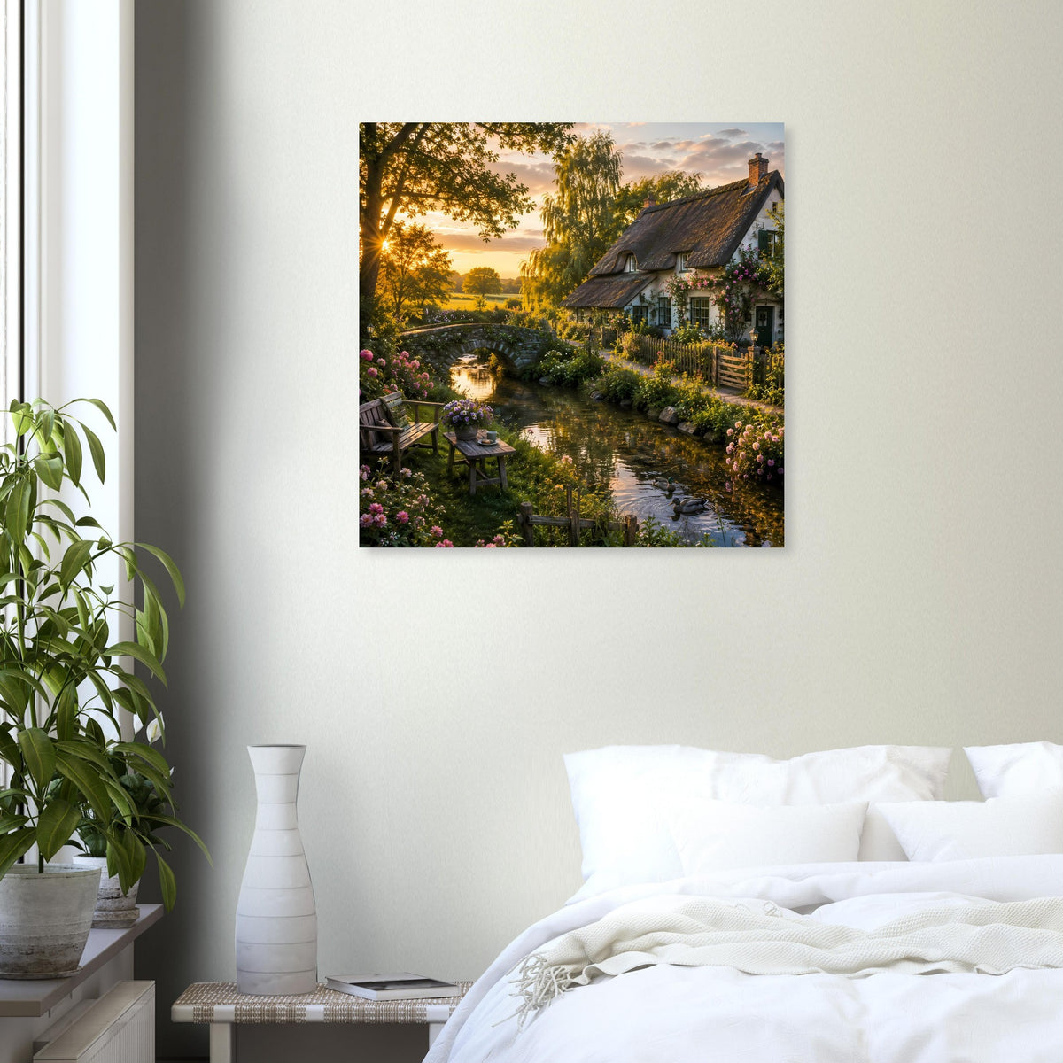 Quadratisches Poster mit Landhaus im Abendlicht über Blumenbeeten und Weg