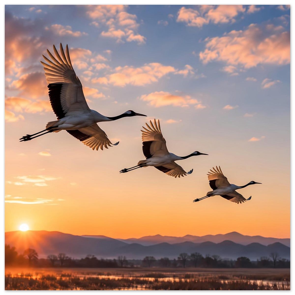Poster mit drei fliegenden Kranichen vor Sonnenuntergangshimmel