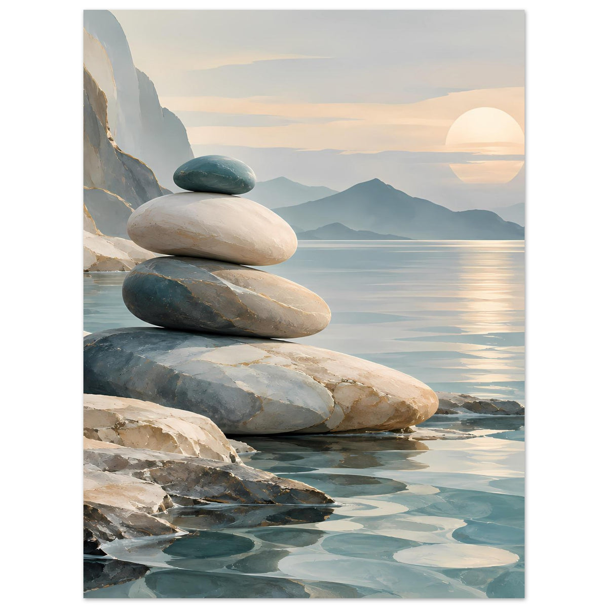 Wandposter (vertikal) Steinstapel am Ufer, ruhige Blau‑Beige Farbpalette