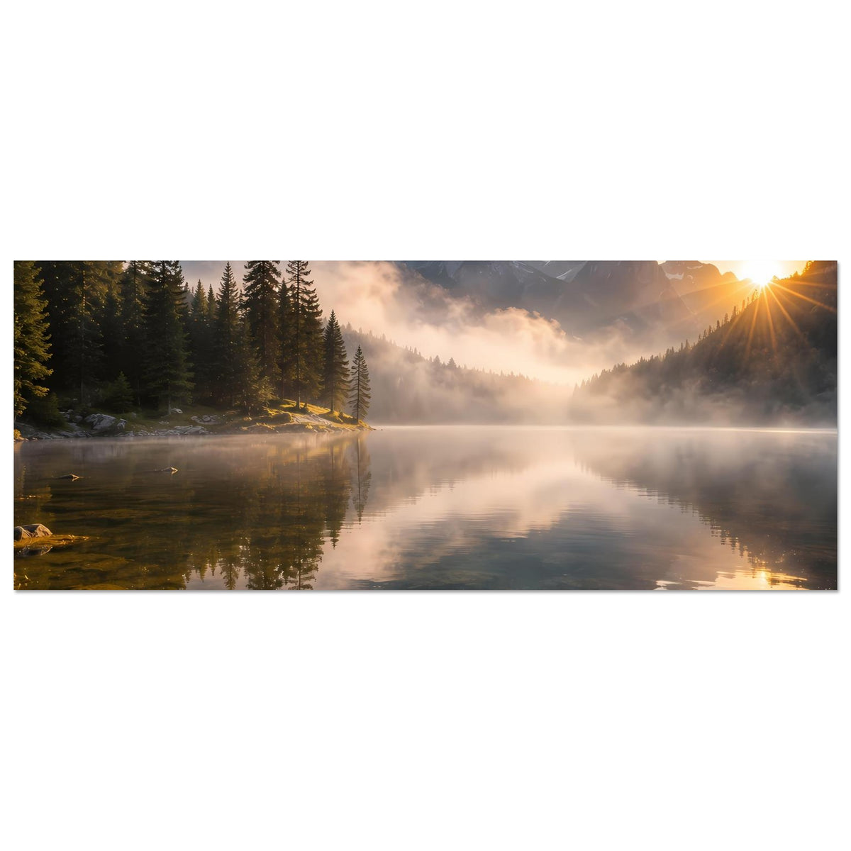 Horizontales Poster: Berglandschaft mit Nebel über dem See, Tannen und Sonnenstrahlen