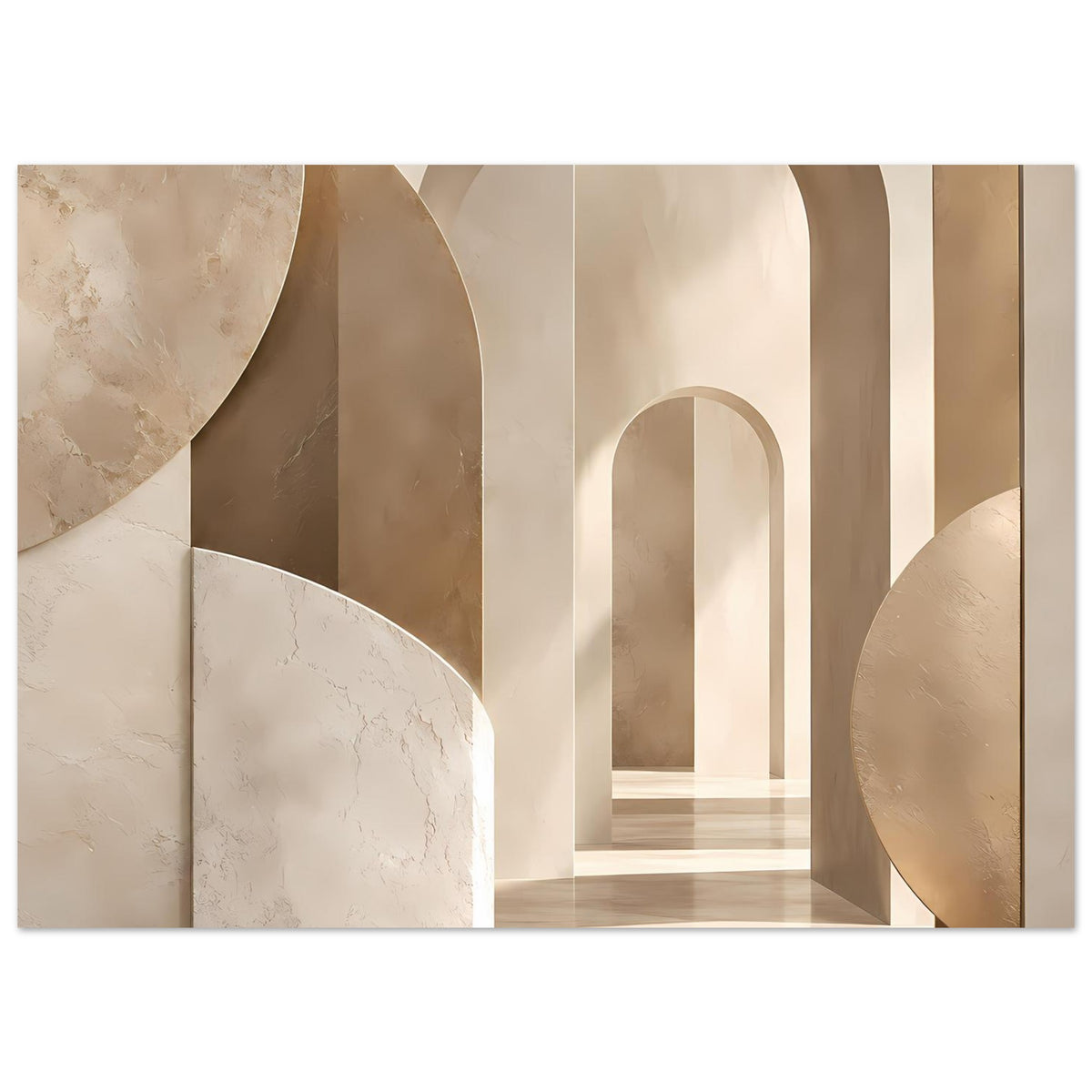 Kunstposter mit Bögen und Kreisformen in Beige, marmorierter Optik, horizontal