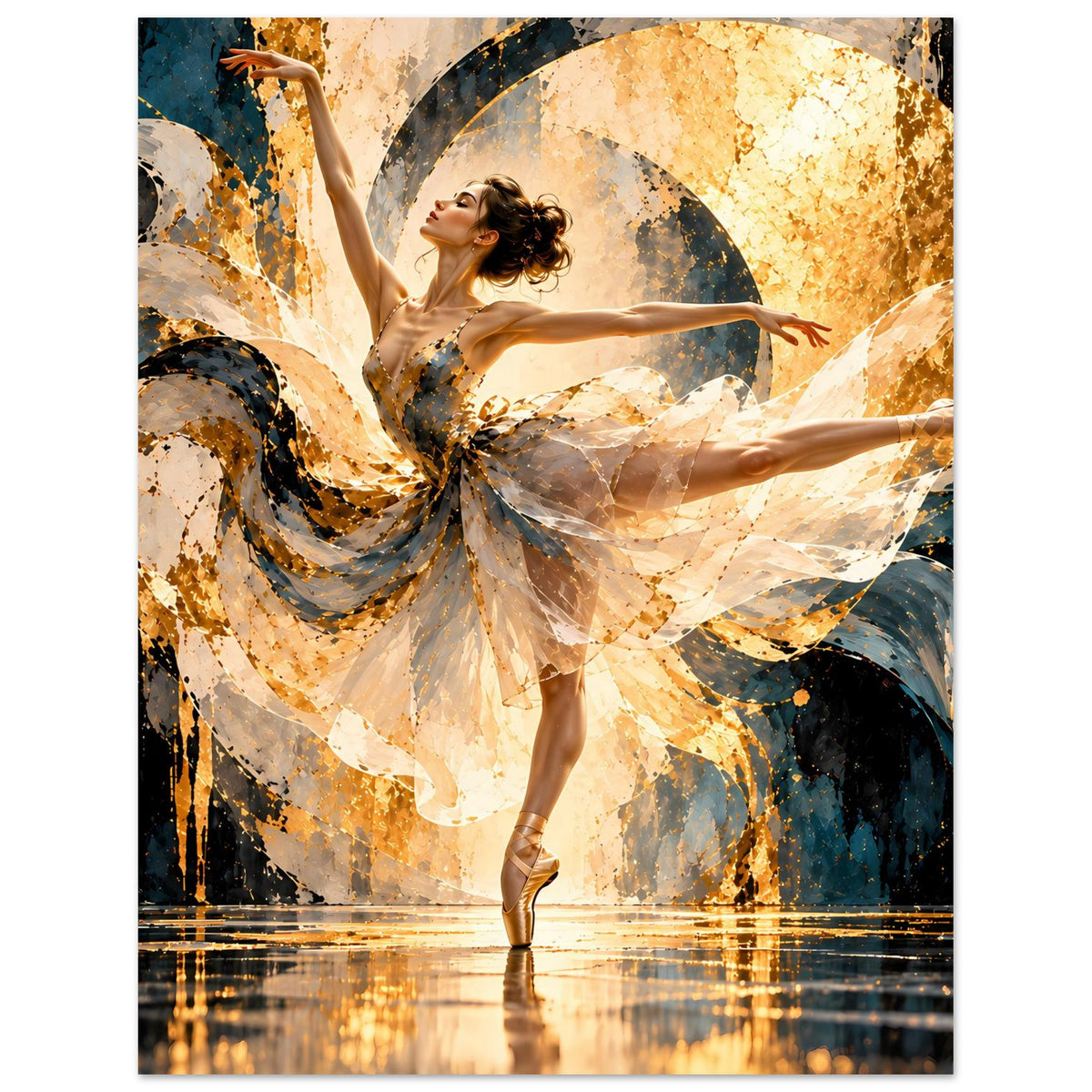 Kunstposter mit Balletttänzerin, fließendem beigem Tutu, goldenem Hintergrund und blauem Farbverlauf
