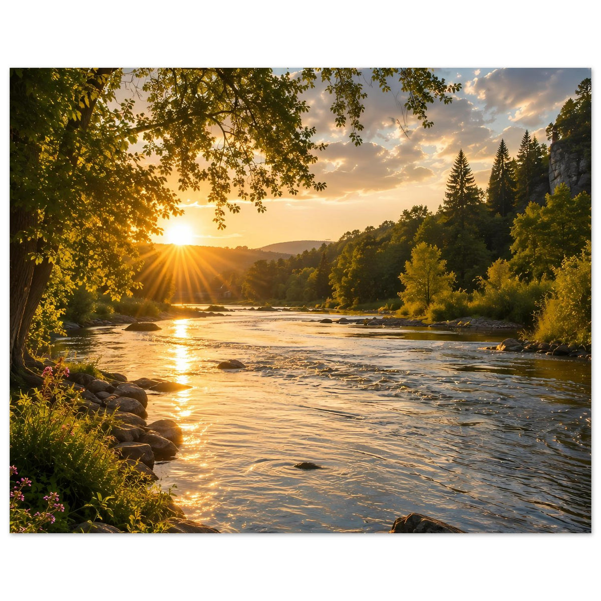 Naturposter mit Fluss und Sonnenaufgang, Bäume ragen ins Bild, goldene Spiegelungen auf der Strömung