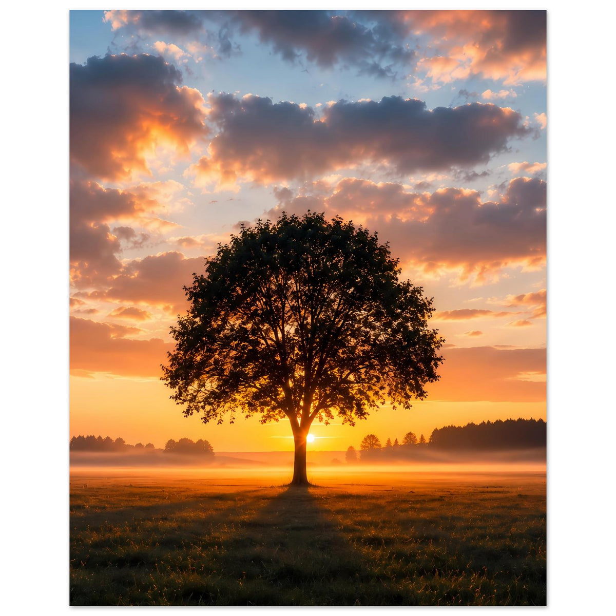 Baum-Poster mit großem Einzelbaum, goldenem Sonnenlicht und weiter Wiesenlandschaft
