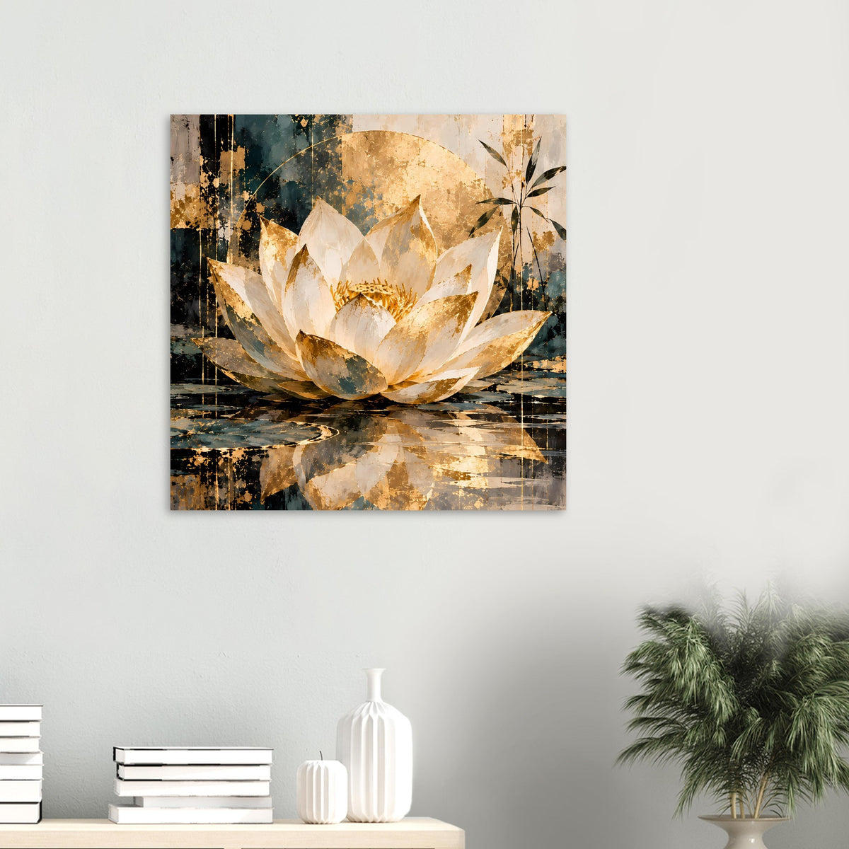 Lotus-Poster an der Wand im Quadrat: weiße Lotusblüte mit goldenen Akzenten