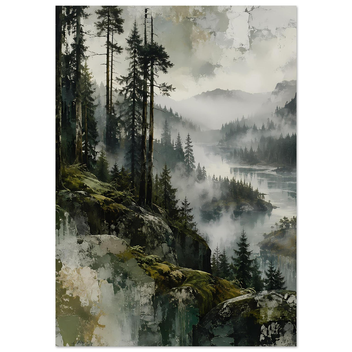 Hochformat-Poster: Waldlandschaft mit Fluss im Nebel, Berge rechts
