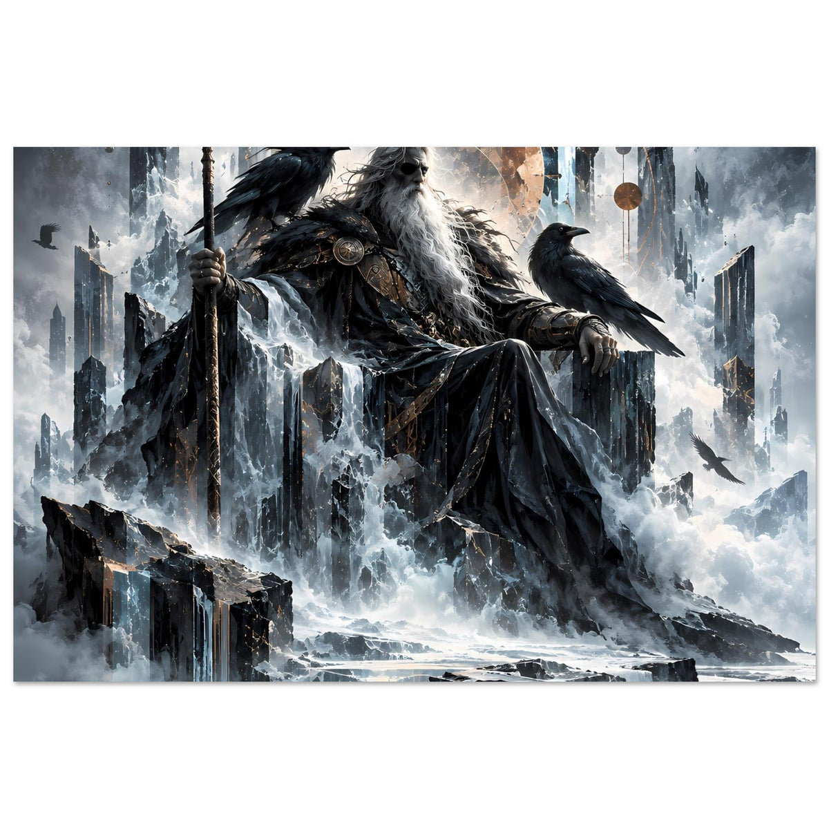 Mythologie-Poster mit Odin auf dem Thron, schwarzer Rabe auf ausgestreckter Hand