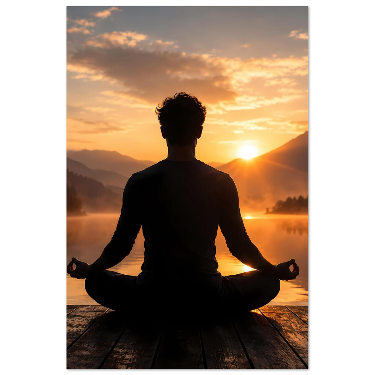 Hochformat-Poster mit Person im Lotussitz als Silhouette bei Sonnenuntergang über dem Wasser
