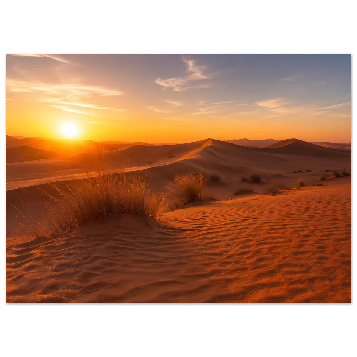 Horizontales Poster mit Wüstenlandschaft bei Sonnenaufgang, Dünen, Schatten und Himmel