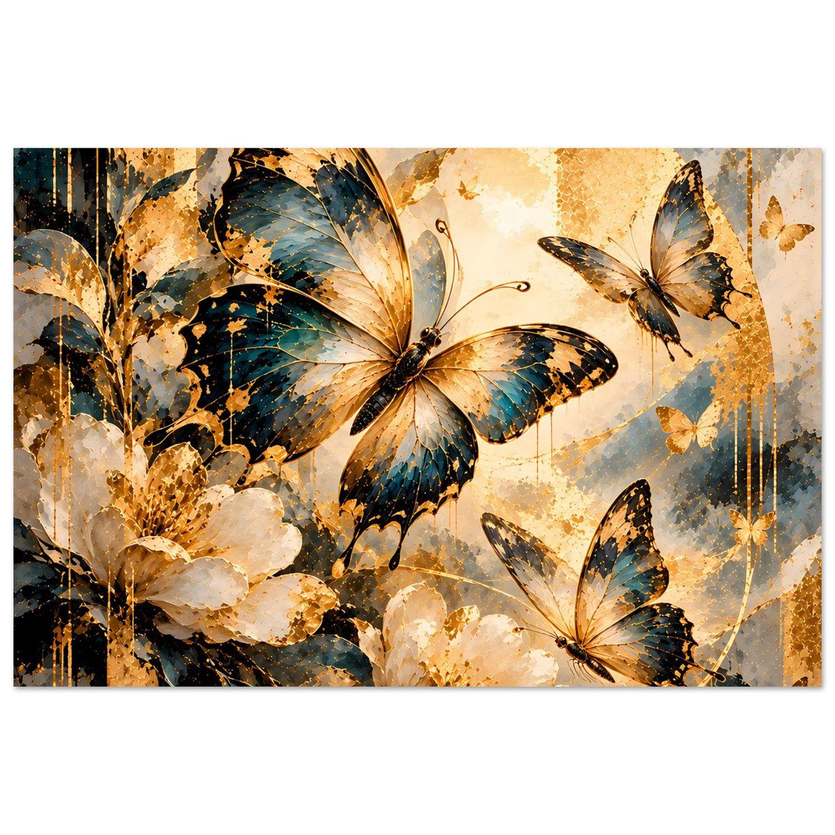 Schmetterlingsposter horizontal, mittlere Schmetterlinge vor warmen Goldtönen und Blau