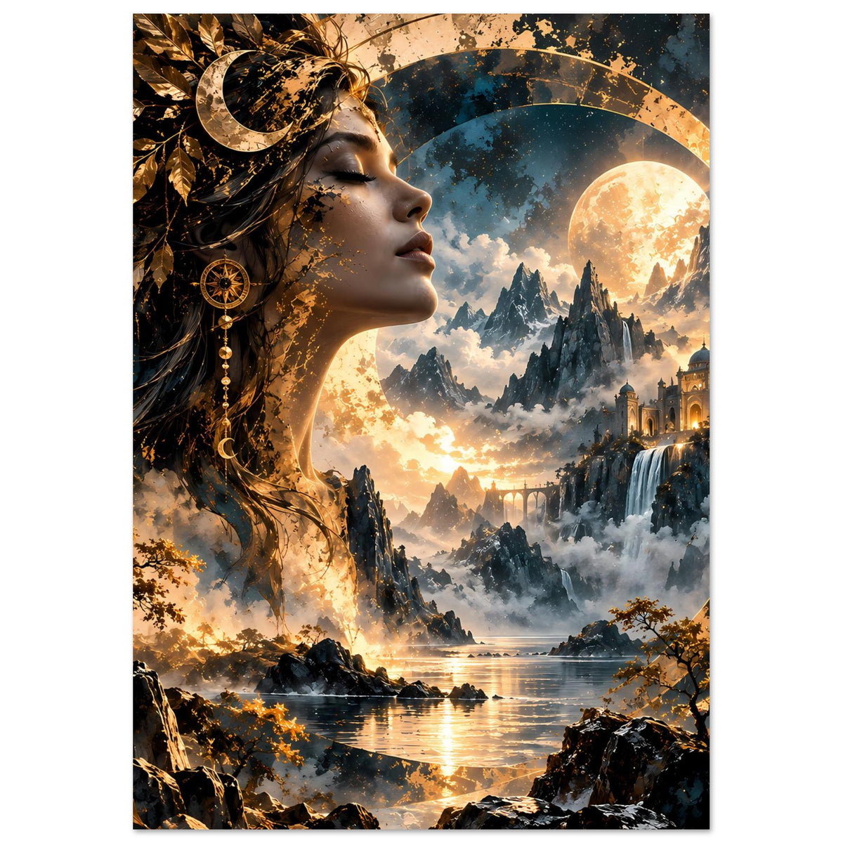 Matte Poster im Hochformat mit Göttin im Profil und goldener Ringmond-Landschaft
