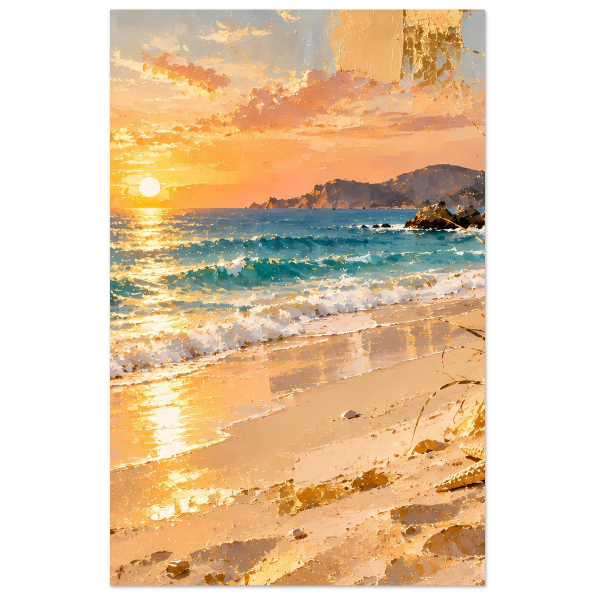 Hochformatiges Strandposter mit warmen Orangetönen, Sonnenuntergang und Wellenlinie