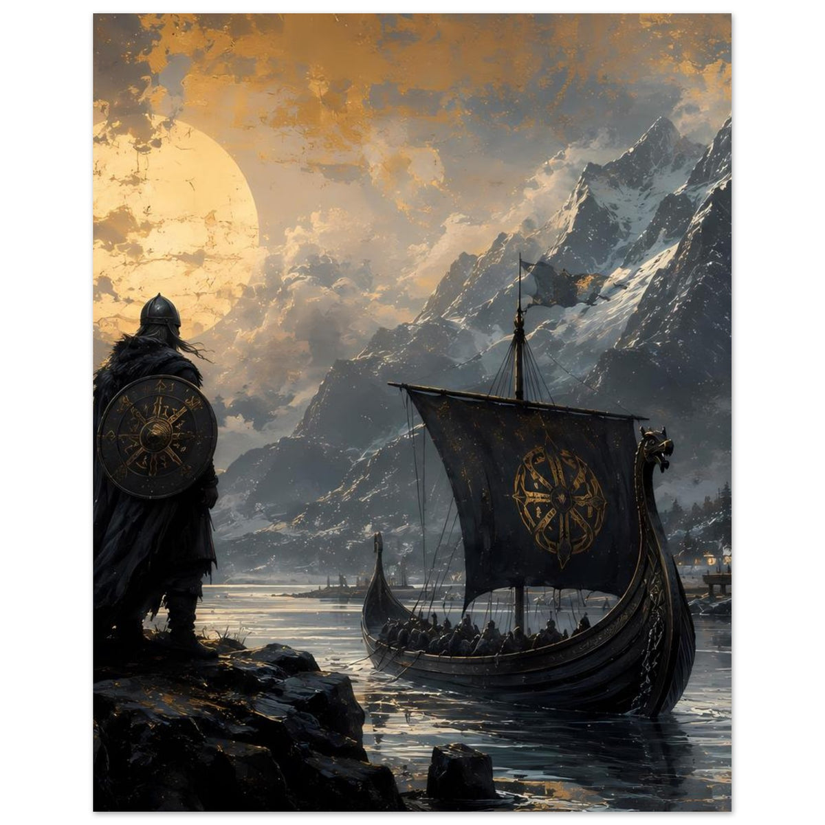 Wikinger-Poster mit Krieger links, Drachenboot im Fjord, schneebedeckte Berge und Sonne