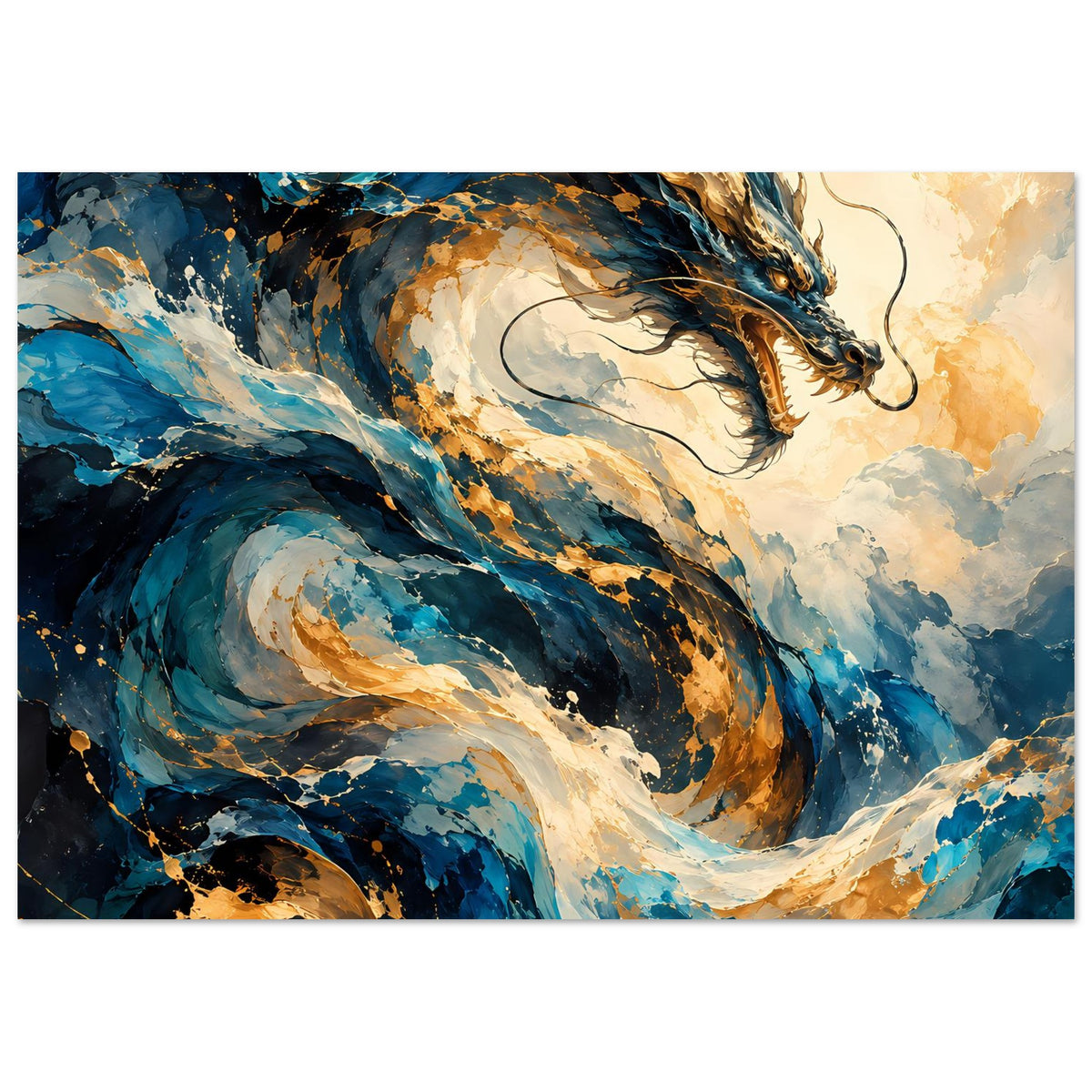 Drachen-Fantasyposter: blau-goldener Drache im Flug, Kopf nach rechts geneigt