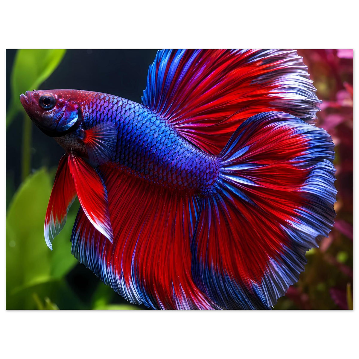Horizontales Poster mit Betta-Fisch: blauer Körper, rote Flossen, silbern wirkende Spitzen.