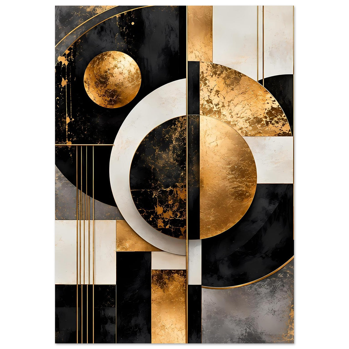 Poster mit goldenen Kreisen, weißem und schwarzem Bogen sowie vertikalen Linien in Creme